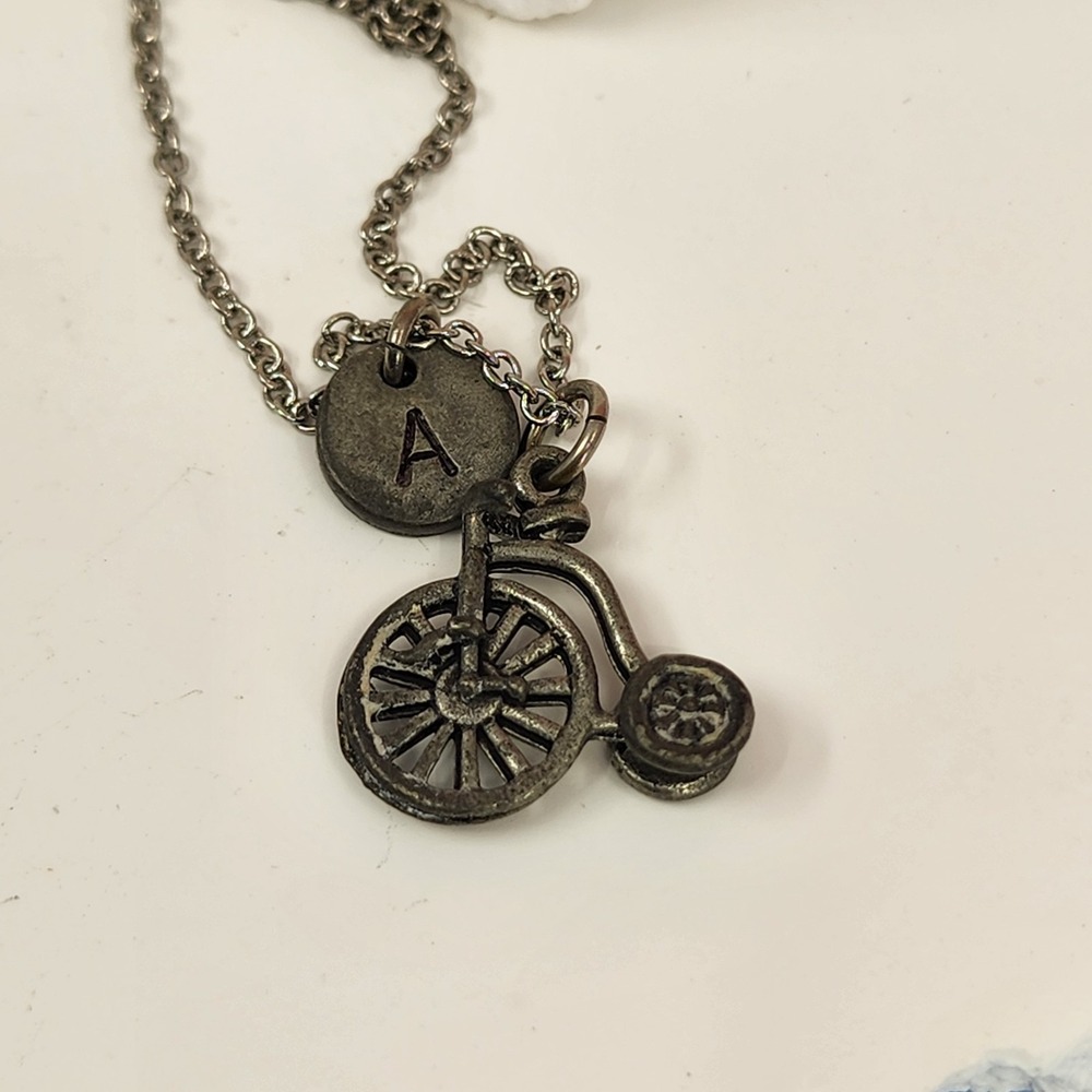 Initial A Penny Farthing Bicycle Charm Necklace Silver Tone Vintage Cyclist Gift